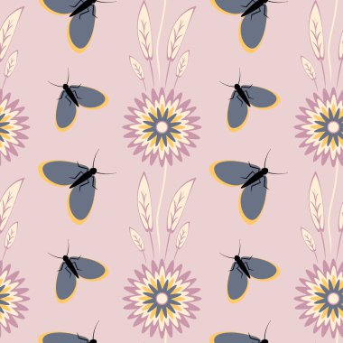 Kusursuz desen, uçsuz bucaksız doku kare arkaplandaki illüstrasyon, stilize çiçekler ve güveler. Tasarım ögeleri - Not defterlerinin, mobil uygulamaların, sitelerin kapaklarının dekorasyonu - Duvar kağıtları, tekstil, paketleme, siteler veya mobil uygulama için arkaplan