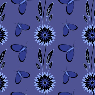 Kusursuz desen, uçsuz bucaksız doku kare arkaplandaki illüstrasyon, stilize çiçekler ve güveler. Tasarım ögeleri - Not defterlerinin, mobil uygulamaların, sitelerin kapaklarının dekorasyonu - Duvar kağıtları, tekstil, paketleme, siteler veya mobil uygulama için arkaplan