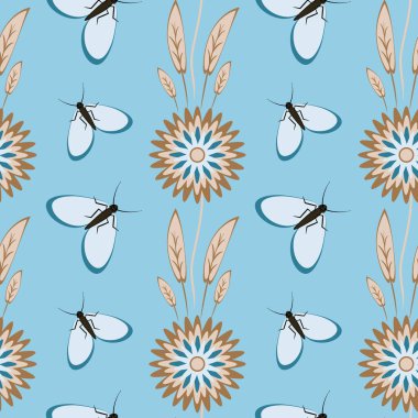 Kusursuz desen, uçsuz bucaksız doku kare arkaplandaki illüstrasyon, stilize çiçekler ve güveler. Tasarım ögeleri - Not defterlerinin, mobil uygulamaların, sitelerin kapaklarının dekorasyonu - Duvar kağıtları, tekstil, paketleme, siteler veya mobil uygulama için arkaplan