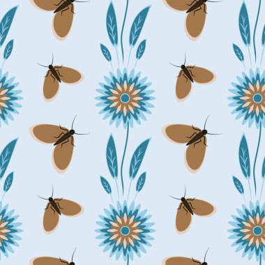 Kusursuz desen, uçsuz bucaksız doku kare arkaplandaki illüstrasyon, stilize çiçekler ve güveler. Tasarım ögeleri - Not defterlerinin, mobil uygulamaların, sitelerin kapaklarının dekorasyonu - Duvar kağıtları, tekstil, paketleme, siteler veya mobil uygulama için arkaplan