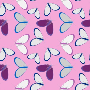 Kusursuz desen, sonsuz doku kare arkaplandaki illüstrasyon, stilize güveler, grafikler. Yaz, böcekler, dayanılmaz yaşam kolaylığı. Tasarım ögeleri - Not defterlerinin, mobil uygulamaların, sitelerin kapaklarının dekorasyonu - Duvar kağıtları, tekstil, pac