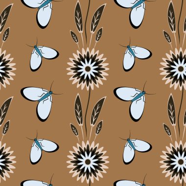 Kusursuz desen, uçsuz bucaksız doku kare arkaplandaki illüstrasyon, stilize çiçekler ve güveler. Tasarım ögeleri - Not defterlerinin, mobil uygulamaların, sitelerin kapaklarının dekorasyonu - Duvar kağıtları, tekstil, paketleme, siteler veya mobil uygulama için arkaplan