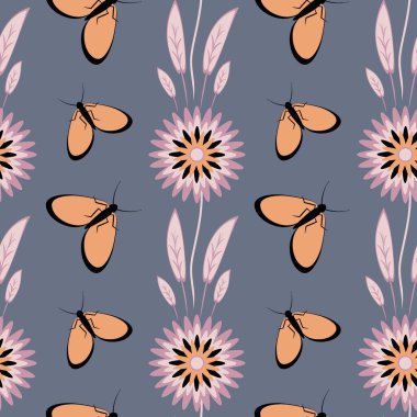 Kusursuz desen, uçsuz bucaksız doku kare arkaplandaki illüstrasyon, stilize çiçekler ve güveler. Tasarım ögeleri - Not defterlerinin, mobil uygulamaların, sitelerin kapaklarının dekorasyonu - Duvar kağıtları, tekstil, paketleme, siteler veya mobil uygulama için arkaplan