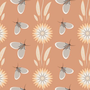 Kusursuz desen, uçsuz bucaksız doku kare arkaplandaki illüstrasyon, stilize çiçekler ve güveler. Tasarım ögeleri - Not defterlerinin, mobil uygulamaların, sitelerin kapaklarının dekorasyonu - Duvar kağıtları, tekstil, paketleme, siteler veya mobil uygulama için arkaplan