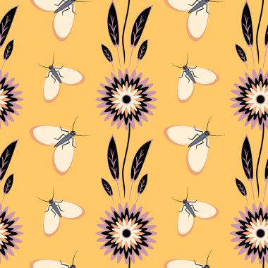 Kusursuz desen, uçsuz bucaksız doku kare arkaplandaki illüstrasyon, stilize çiçekler ve güveler. Tasarım ögeleri - Not defterlerinin, mobil uygulamaların, sitelerin kapaklarının dekorasyonu - Duvar kağıtları, tekstil, paketleme, siteler veya mobil uygulama için arkaplan