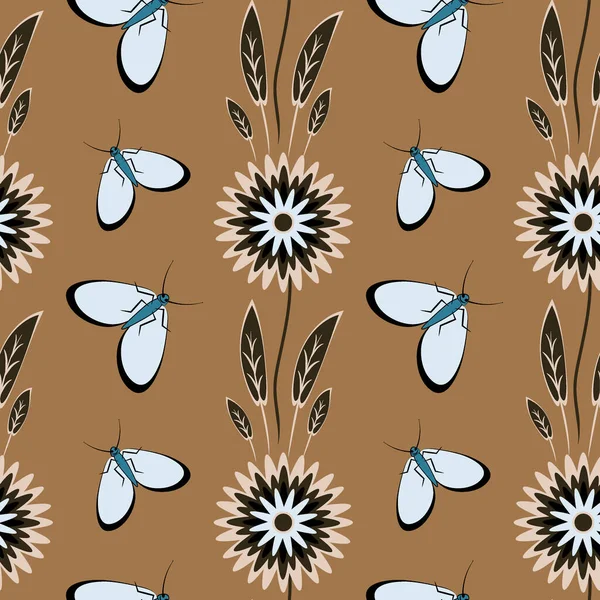 Kusursuz desen, uçsuz bucaksız doku kare arkaplandaki illüstrasyon, stilize çiçekler ve güveler. Tasarım ögeleri - Not defterlerinin, mobil uygulamaların, sitelerin kapaklarının dekorasyonu - Duvar kağıtları, tekstil, paketleme, siteler veya mobil uygulama için arkaplan