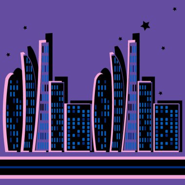Kare arkaplanda sonsuz bir şerit, biçimlendirilmiş bir gece şehri grafikleri. Megalopolis, modern mimari. Tasarım ögeleri - Oturma oturumu için kapak, mobil uygulamalar, siteler - Duvar kağıtları, tekstil, paketleme, arkaplan dekorasyonu