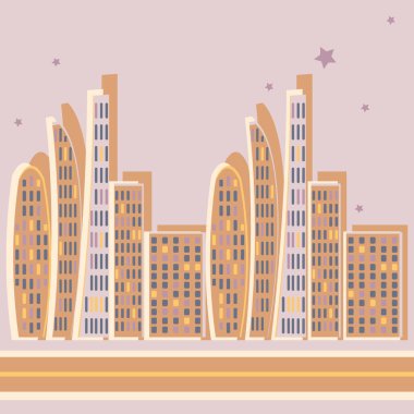 Kare arkaplanda sonsuz bir şerit, biçimlendirilmiş bir gece şehri grafikleri. Megalopolis, modern mimari. Tasarım ögeleri - Oturma oturumu için kapak, mobil uygulamalar, siteler - Duvar kağıtları, tekstil, paketleme, arkaplan dekorasyonu