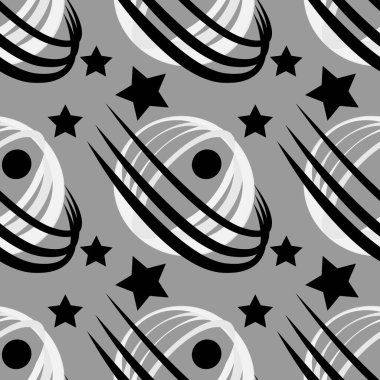 Kusursuz desen, sonsuz doku kare arkaplandaki çizim - biçimlendirilmiş uzay - uydu ya da gezegen ve yıldızlar. Tasarım ögeleri - Not defterlerinin, mobil uygulamaların, sitelerin kapaklarının dekorasyonu - Duvar kağıtları, tekstil, ambalaj, arkaplan