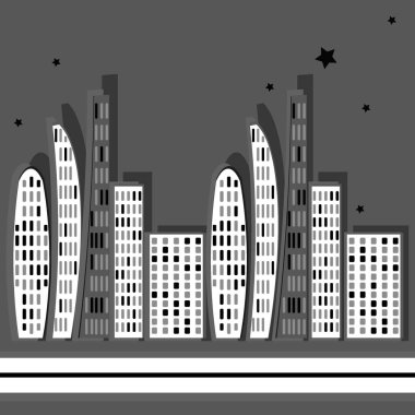 Kare arkaplanda sonsuz bir şerit, biçimlendirilmiş bir gece şehri grafikleri. Megalopolis, modern mimari. Tasarım ögeleri - Oturma oturumu için kapak, mobil uygulamalar, siteler - Duvar kağıtları, tekstil, paketleme, arkaplan dekorasyonu