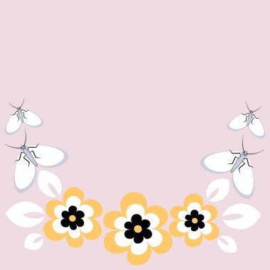 Kare bir arka planda kusursuz desen. Çiçekler ve kelebekler. At nalı ya da yarım daire şeklinde bir çerçeve. Kitapların, defterlerin, kartpostalların, iç ögelerin tasarımı için tasarım ögesi