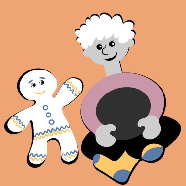 Kare bir arka planda, çocuk bacak bacak üstüne atmış ve zencefilli çöreğe gülümsüyor. Kitapların, defterlerin, kartpostalların, iç malzemelerin tasarımı için tasarım öğesi. Bebeğim, sohbet, kurabiyeler, peri masalı, sihir, tatil, yeni yıl ve...