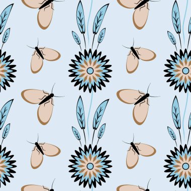 Kusursuz desen, uçsuz bucaksız doku kare arkaplandaki illüstrasyon, stilize çiçekler ve güveler. Tasarım ögeleri - Not defterlerinin, mobil uygulamaların, sitelerin kapaklarının dekorasyonu - Duvar kağıtları, tekstil, paketleme, siteler veya mobil uygulama için arkaplan