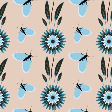 Kusursuz desen, uçsuz bucaksız doku kare arkaplandaki illüstrasyon, stilize çiçekler ve güveler. Tasarım ögeleri - Not defterlerinin, mobil uygulamaların, sitelerin kapaklarının dekorasyonu - Duvar kağıtları, tekstil, paketleme, siteler veya mobil uygulama için arkaplan