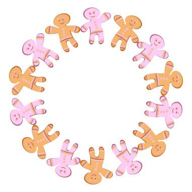 Kare arkaplanda bir resim - zencefilli kurabiye çerçevesi. Zencefilli kurabiye adamlar. Kitapların, defterlerin, kartpostalların, iç malzemelerin tasarımı için tasarım öğesi. Tatlılar, tatlı, tatil, yeni yıl, Noel