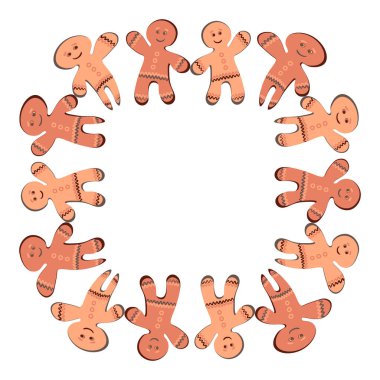 Kare arkaplanda bir resim - zencefilli kurabiye çerçevesi. Zencefilli kurabiye adamlar. Kitapların, defterlerin, kartpostalların, iç malzemelerin tasarımı için tasarım öğesi. Tatlılar, tatlı, tatil, yeni yıl, Noel