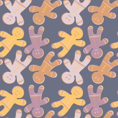 Kare arkaplanda pürüzsüz bir desen resmedilmiş. Zencefilli çörek adam, neşeli kıvırcık kurabiye. Kitapların, defterlerin, kartpostalların, iç malzemelerin tasarımı için tasarım öğesi. Duvar kağıtları, tekstil, ambalaj, bir web sitesi için arkaplan, mobil uygulama