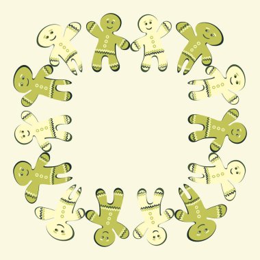 Kare arkaplanda bir resim - zencefilli kurabiye çerçevesi. Zencefilli kurabiye adamlar. Kitapların, defterlerin, kartpostalların, iç malzemelerin tasarımı için tasarım öğesi. Tatlılar, tatlı, tatil, yeni yıl, Noel