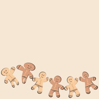 Kare arkaplanda bir resim - zencefilli kurabiye çerçevesi. Zencefilli kurabiye adamlar. Kitapların, defterlerin, kartpostalların, iç malzemelerin tasarımı için tasarım öğesi. Tatlılar, tatlı, tatil, yeni yıl, Noel