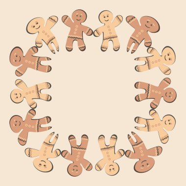 Kare arkaplanda bir resim - zencefilli kurabiye çerçevesi. Zencefilli kurabiye adamlar. Kitapların, defterlerin, kartpostalların, iç malzemelerin tasarımı için tasarım öğesi. Tatlılar, tatlı, tatil, yeni yıl, Noel