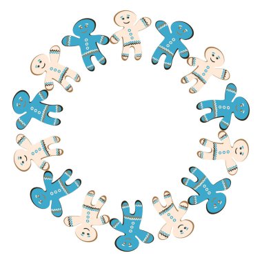 Kare arkaplanda bir resim - zencefilli kurabiye çerçevesi. Zencefilli kurabiye adamlar. Kitapların, defterlerin, kartpostalların, iç malzemelerin tasarımı için tasarım öğesi. Tatlılar, tatlı, tatil, yeni yıl, Noel