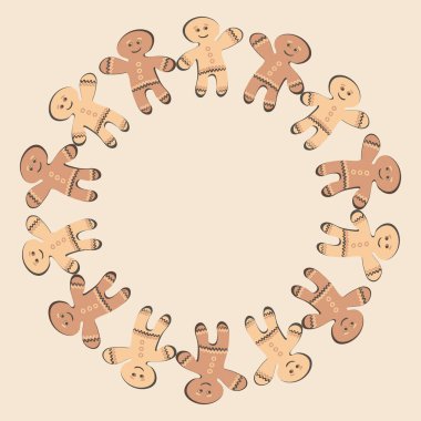 Kare arkaplanda bir resim - zencefilli kurabiye çerçevesi. Zencefilli kurabiye adamlar. Kitapların, defterlerin, kartpostalların, iç malzemelerin tasarımı için tasarım öğesi. Tatlılar, tatlı, tatil, yeni yıl, Noel