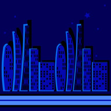 Kare arkaplanda sonsuz bir şerit, biçimlendirilmiş bir gece şehri grafikleri. Megalopolis, modern mimari. Tasarım ögeleri - Oturma oturumu için kapak, mobil uygulamalar, siteler - Duvar kağıtları, tekstil, paketleme, arkaplan dekorasyonu
