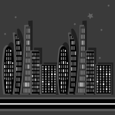 Kare arkaplanda sonsuz bir şerit, biçimlendirilmiş bir gece şehri grafikleri. Megalopolis, modern mimari. Tasarım ögeleri - Oturma oturumu için kapak, mobil uygulamalar, siteler - Duvar kağıtları, tekstil, paketleme, arkaplan dekorasyonu