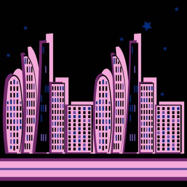 Kare arkaplanda sonsuz bir şerit, biçimlendirilmiş bir gece şehri grafikleri. Megalopolis, modern mimari. Tasarım ögeleri - Oturma oturumu için kapak, mobil uygulamalar, siteler - Duvar kağıtları, tekstil, paketleme, arkaplan dekorasyonu