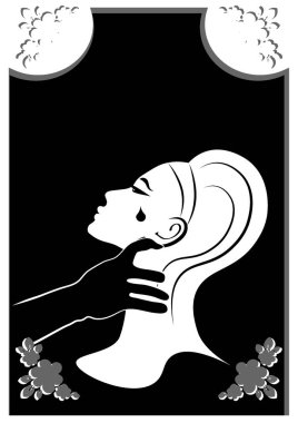Aile içi şiddet temalı bir ilüzyon. Bir erkeğin eli bir kadını boğazından tutar, bir kadın ağlar ve gözyaşı yüzünden aşağı akar. Minimalizm, grafikler. Tasarım ögesi
