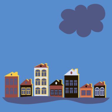 Kare arka planda bir resim - bir Avrupa kasabası, evler. Kitapların, defterlerin, kartpostalların, iç malzemelerin dizayn unsurları. Duvar kağıtları, tekstil, ambalaj, bir web sitesi için arka plan, mobil uygulama veya blog. Binalar, mimari, stil