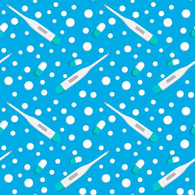 Kare arkaplanda kusursuz bir kalıp var. Tıp. Termometre ve haplar veya vitaminler. Kitapların, defterlerin, kartpostalların, iç malzemelerin dizayn unsurları. Duvar kağıtları, tekstil, ambalaj, bir web sitesi için arka plan, mobil uygulama veya blog. Hastalık.