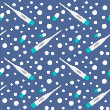 Kare arkaplanda kusursuz bir kalıp var. Tıp. Termometre ve haplar veya vitaminler. Kitapların, defterlerin, kartpostalların, iç malzemelerin dizayn unsurları. Duvar kağıtları, tekstil, ambalaj, bir web sitesi için arka plan, mobil uygulama veya blog. Hastalık.