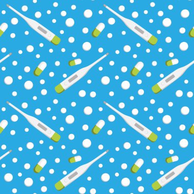 Kare arkaplanda kusursuz bir kalıp var. Tıp. Termometre ve haplar veya vitaminler. Kitapların, defterlerin, kartpostalların, iç malzemelerin dizayn unsurları. Duvar kağıtları, tekstil, ambalaj, bir web sitesi için arka plan, mobil uygulama veya blog. Hastalık.