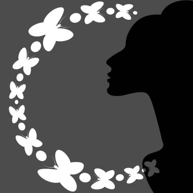 İlham teması üzerine kare arkaplan çizimi. Zarif kadın profili ve kelebekler. Kitapların, defterlerin, kartpostalların, iç malzemelerin dizayn unsurları. Web sitesi, mobil uygulama ya da blog için arka plan. İlham, kadınlık, sihir, su