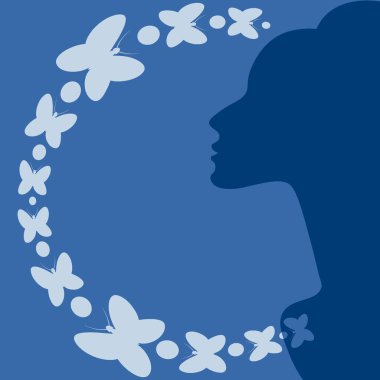 İlham teması üzerine kare arkaplan çizimi. Zarif kadın profili ve kelebekler. Kitapların, defterlerin, kartpostalların, iç malzemelerin dizayn unsurları. Web sitesi, mobil uygulama ya da blog için arka plan. İlham, kadınlık, sihir, su