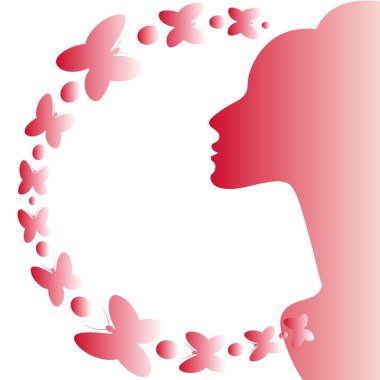 İlham teması üzerine kare arkaplan çizimi. Zarif kadın profili ve kelebekler. Kitapların, defterlerin, kartpostalların, iç malzemelerin dizayn unsurları. Web sitesi, mobil uygulama ya da blog için arka plan. İlham, kadınlık, sihir, su