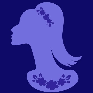 Kare arkaplanda bir resim - mücevherli zarif bir kadın profili - mücevher veya kartpostal reklamı için bir afiş. Kitapların, defterlerin, kartpostalların, iç ögelerin dizayn ögesi