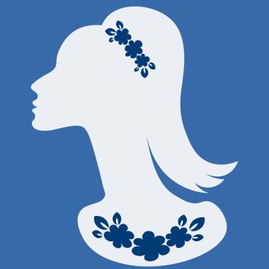 Kare arkaplanda bir resim - mücevherli zarif bir kadın profili - mücevher veya kartpostal reklamı için bir afiş. Kitapların, defterlerin, kartpostalların, iç ögelerin dizayn ögesi