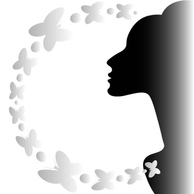 İlham teması üzerine kare arkaplan çizimi. Zarif kadın profili ve kelebekler. Kitapların, defterlerin, kartpostalların, iç malzemelerin dizayn unsurları. Web sitesi, mobil uygulama ya da blog için arka plan. İlham, kadınlık, sihir, su