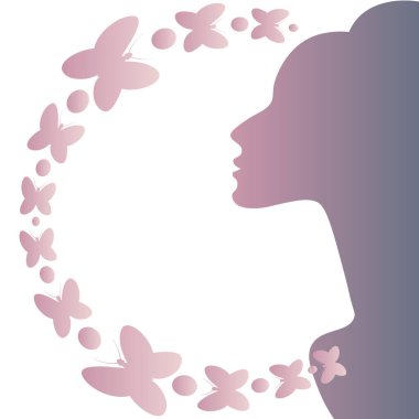 İlham teması üzerine kare arkaplan çizimi. Zarif kadın profili ve kelebekler. Kitapların, defterlerin, kartpostalların, iç malzemelerin dizayn unsurları. Web sitesi, mobil uygulama ya da blog için arka plan. İlham, kadınlık, sihir, su