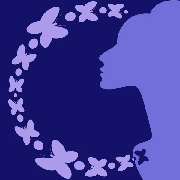 Illustration Fyrkantig Bakgrund Temat Inspiration Elegant Kvinnlig Profil Och Fjärilar — Stock vektor