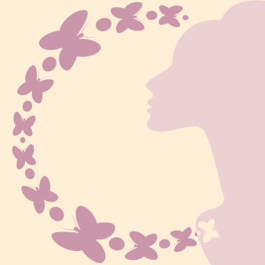 İlham teması üzerine kare arkaplan çizimi. Zarif kadın profili ve kelebekler. Kitapların, defterlerin, kartpostalların, iç malzemelerin dizayn unsurları. Web sitesi, mobil uygulama ya da blog için arka plan. İlham, kadınlık, sihir, su