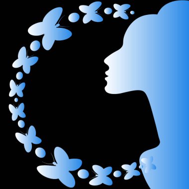 İlham teması üzerine kare arkaplan çizimi. Zarif kadın profili ve kelebekler. Kitapların, defterlerin, kartpostalların, iç malzemelerin dizayn unsurları. Web sitesi, mobil uygulama ya da blog için arka plan. İlham, kadınlık, sihir, su