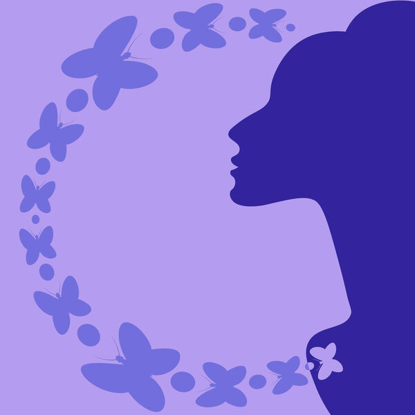 Illustration on a square background on the theme of inspiration - elegant female profile and butterflies. Design element of books, notebooks, postcards, interior items. Background for a website, mobile app, or blog. Inspiration, femininity, magic, su