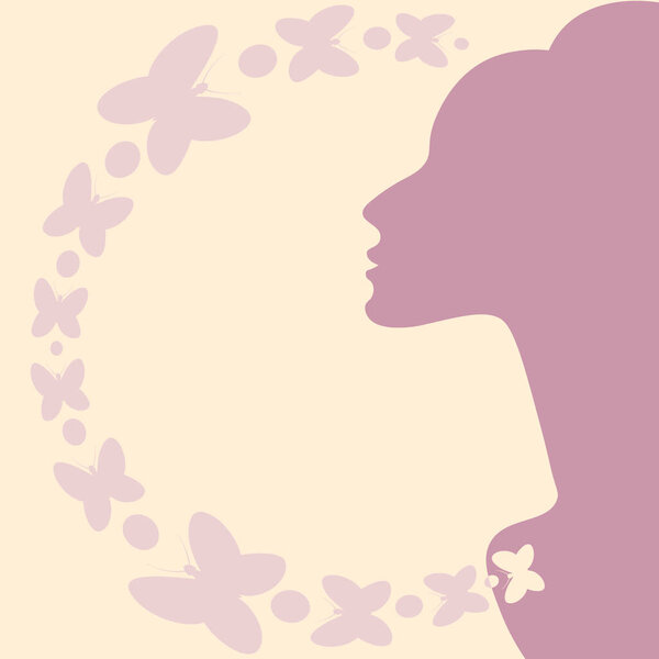 Illustration on a square background on the theme of inspiration - elegant female profile and butterflies. Design element of books, notebooks, postcards, interior items. Background for a website, mobile app, or blog. Inspiration, femininity, magic, su