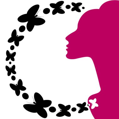 İlham teması üzerine kare arkaplan çizimi. Zarif kadın profili ve kelebekler. Kitapların, defterlerin, kartpostalların, iç malzemelerin dizayn unsurları. Web sitesi, mobil uygulama ya da blog için arka plan. İlham, kadınlık, sihir, su