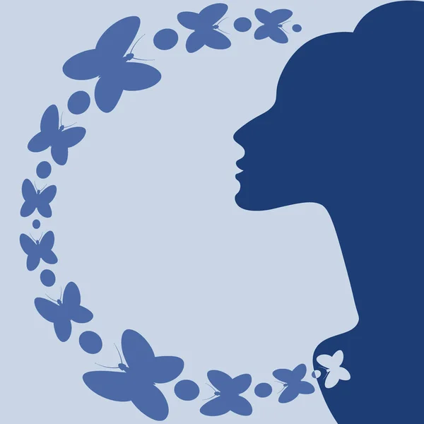 Illustration Fyrkantig Bakgrund Temat Inspiration Elegant Kvinnlig Profil Och Fjärilar — Stock vektor