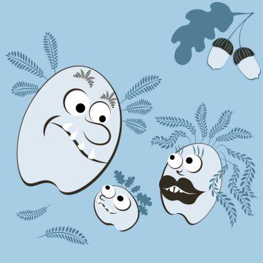 Illustration on a square background - fairy-tale characters - living stones with eyes overgrown with grass. Family conversation. Genetics. Design element of books, notebooks, postcards, interior items. Wallpapers, textiles, packaging, background for 