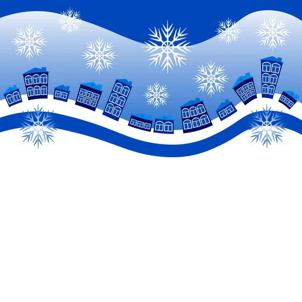 正方形の背景、ウェブサイトのキャップ、ポストカードや本のイラスト-雪の中の冬の村や家 — ストックベクタ